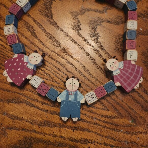 Handmade Wooden Alphabet Letter Block Garland Necklace with Ragdoll Boy & Girl - Picture 2 of 8